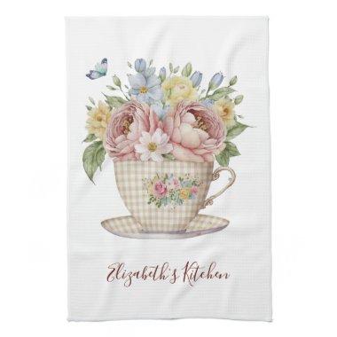 Personalized Pink Yellow Blue Flowers in Teacup Kitchen Towel