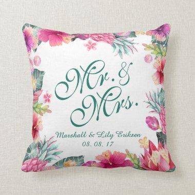 Personalized Tropical Floral Wedding Throw Pillow