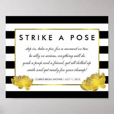 Photo Booth Poster Sign Black Stripe & Gold Peony
