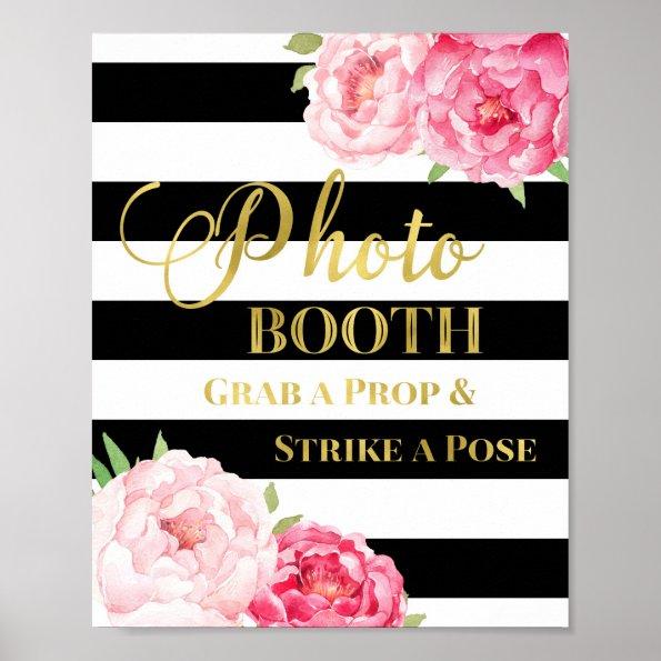 Photo Booth Sign Pink Floral Gold Black Stripes