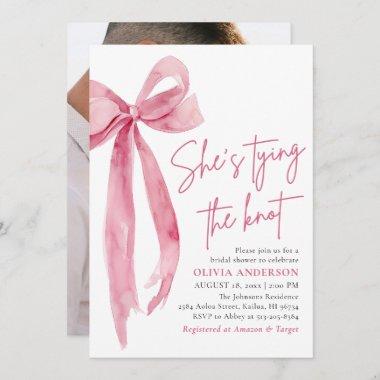 Photo Pink Bow She's Tying the Knot Bridal Shower Invitations