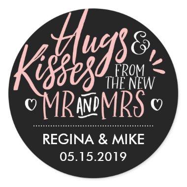 Pink and Black Hugs and Kisses From New Mr and Mrs Classic Round Sticker