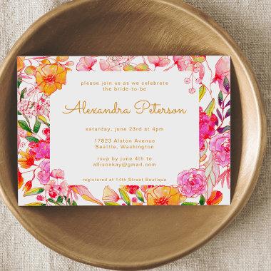 Pink and Orange Watercolor Flowers Bridal Shower Invitations