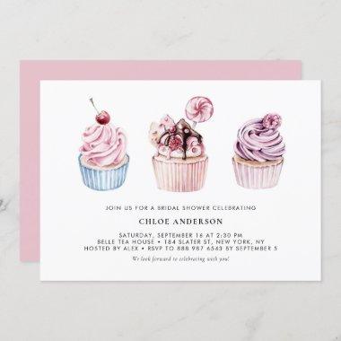 Pink and Purple Watercolor Cupcakes Bridal Shower Invitations