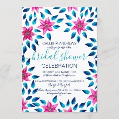 Pink Blue Flowers Leaf Acrylic Paint Bridal Shower Invitations