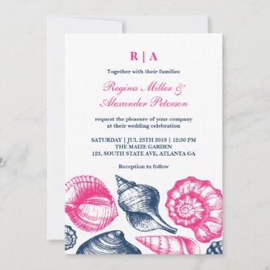Pink Blue Seashells Beach Wedding Invitations