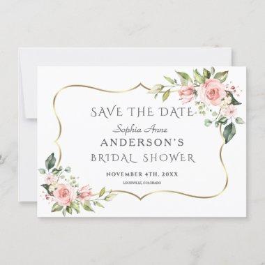 Pink Blush Flowers Gold Frame Bridal Shower Save The Date