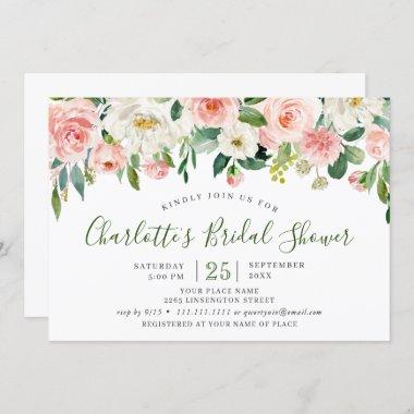 Pink Blush Flowers Greenery Floral Bridal Shower Invitations