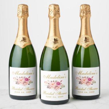 Pink Blush Gold Floral Bridal Shower Sparkling Wine Label