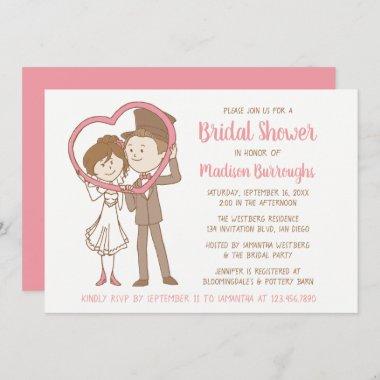 Pink Bridal Shower Cartoon Brown Bride Groom Heart Invitations
