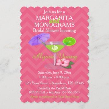Pink Chevron Margarita Monograms Bridal Shower Invitations
