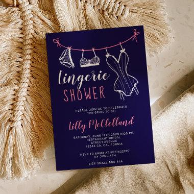 Pink clothesline navy blue lingerie bridal shower Invitations