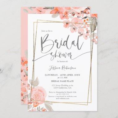 Pink coral floral gold script bridal shower Invitations
