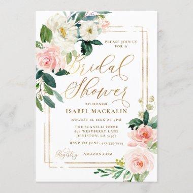Pink Cream Watercolor Floral Rustic Bridal Shower Invitations