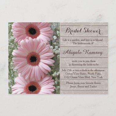 Pink daisy gerbera on wood Bridal Shower Invitations