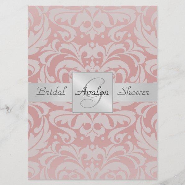 Pink Damask Bridal Shower Monogram Invitations