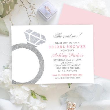 Pink Diamond Ring Glitter Wedding Bridal Shower Invitations