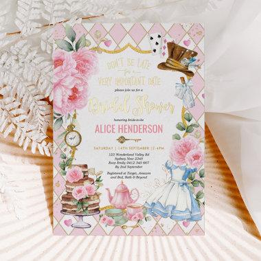 Pink Floral Alice in Wonderland Bridal Shower Tea Foil Invitations