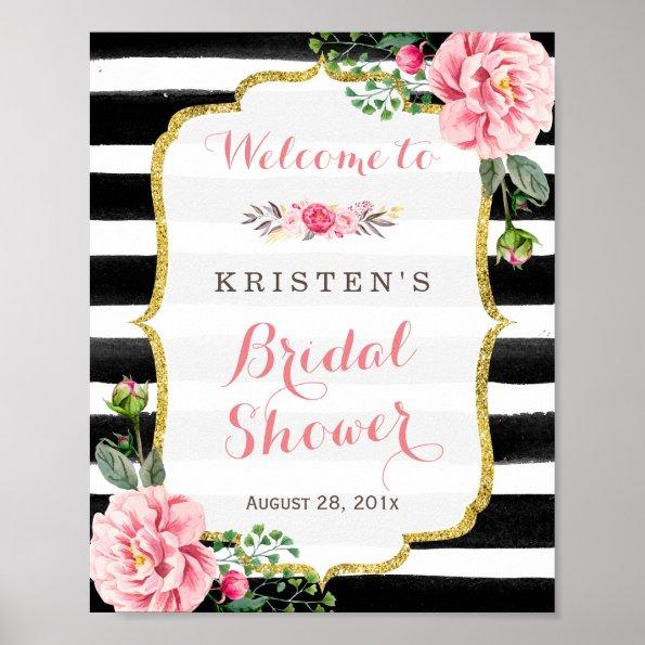 Pink Floral Black White Stripes Bridal Shower Sign
