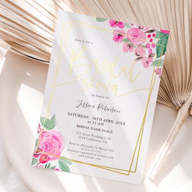 Pink floral greenery gold script bridal shower foil Invitations