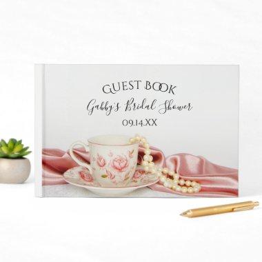 Pink Floral Tea Cup and Pearls Bridal Shower Guest Book
