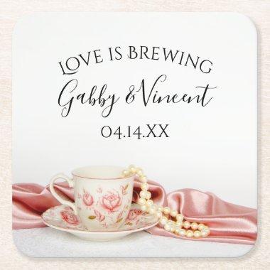 Pink Floral Tea Cup Pearls Wedding Love is Brewing Square Paper Coaster