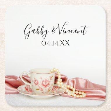 Pink Floral Tea Cup with Pearls Wedding Square Paper Coaster