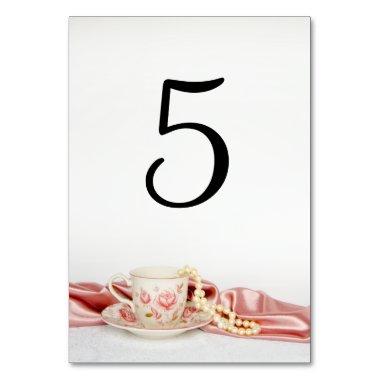 Pink Floral Tea Cup with Pearls Wedding Table Number