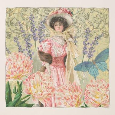 Pink Floral Victorian Woman Regency Scarf