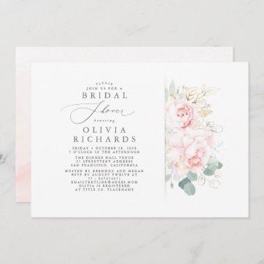 Pink Flowers Gold Leaves Elegant Bridal Shower Invitations