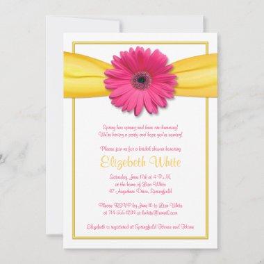 Pink Gerbera Daisy Yellow Ribbon Bridal Shower Invitations