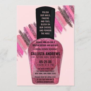 Pink Glitter Nail Polish Spa Day Bridal Shower Invitations