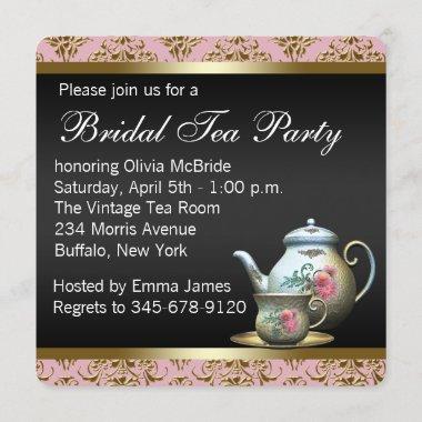 Pink Gold Black Damask Tea Cup Bridal Shower Invitations