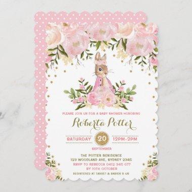 Pink Gold Floral Bunny Rabbit Baby Shower Invite