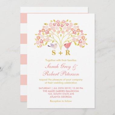Pink Gold Floral Love Bird Wedding Invitations