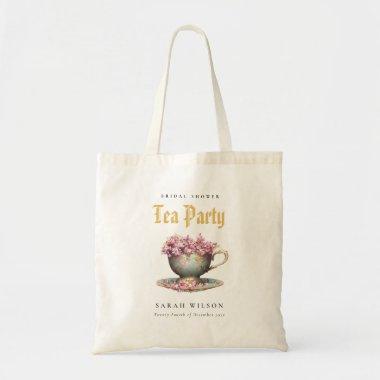 Pink Gold Floral Teacup Bridal Shower Tea Party Tote Bag