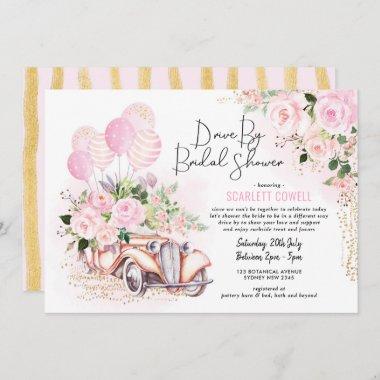 Pink Gold Roses Retro Car Drive By Bridal Shower Invitations
