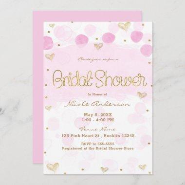 Pink Gold White Polka Dots & Hearts Bridal Shower Invitations