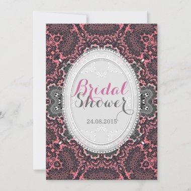 Pink Grey Damask Vintage Bridal Shower Invitations