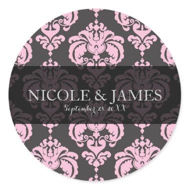 Pink & Grey Damask Vintage Wedding Event Favor Classic Round Sticker