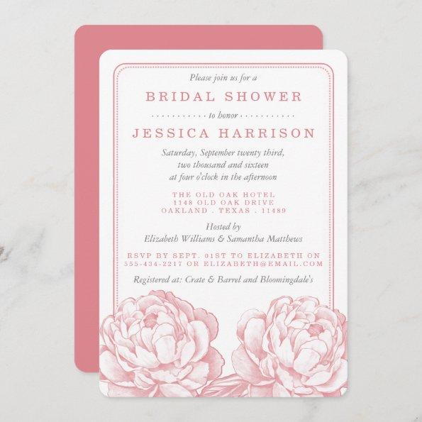 Pink & Grey Pretty Peony Floral Bridal Shower Invitations