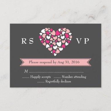 Pink Grey Wedding RSVP Card with Love and Heart