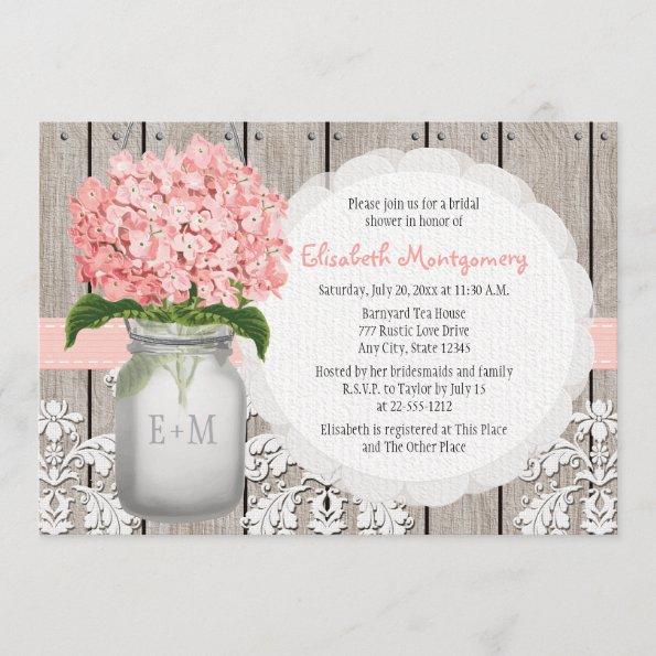 Pink Hydrangea Monogrammed Mason Jar Bridal Shower Invitations