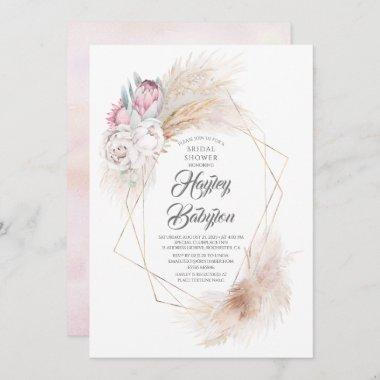 Pink King Protea and Pampas Grass Bridal Shower Invitations