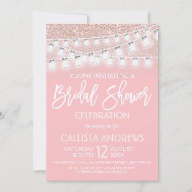 Pink Mason Jar String Lights Glitter Bridal Shower Invitations
