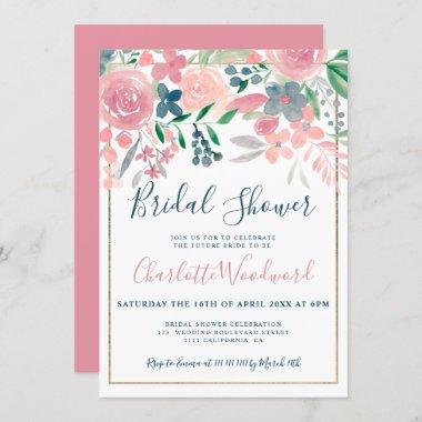 Pink navy blue floral watercolor bridal shower Invitations