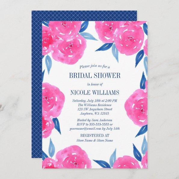 Pink Navy Blue Watercolor Flowers Bridal Shower Invitations