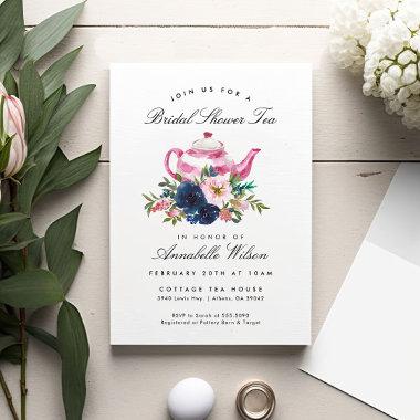 Pink Navy Floral Bridal Shower Tea Invitations