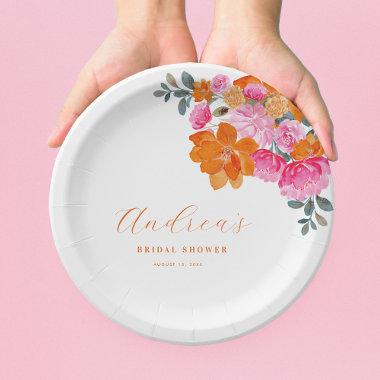 Pink & Orange Vibrant Summer Floral Bridal Shower Paper Plates