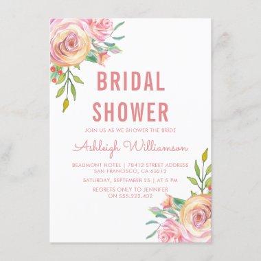 Pink & Peach Watercolor Roses Bridal Shower Invitations